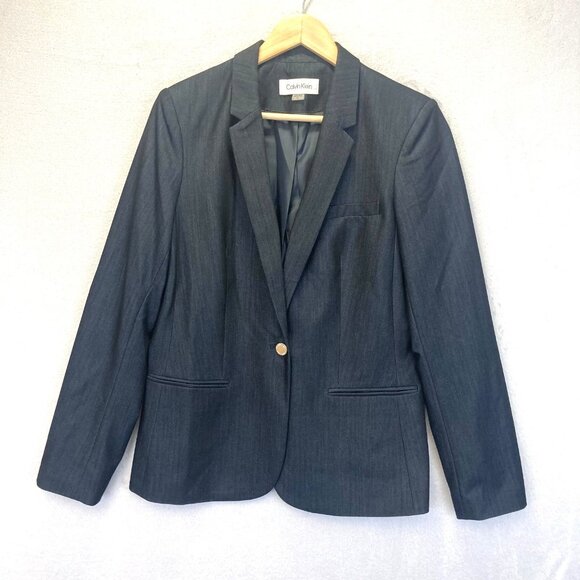 Calvin Klein Blazer Suit Jacket Womens 10 Gray Office Formal Stretch Classic - Picture 1 of 14